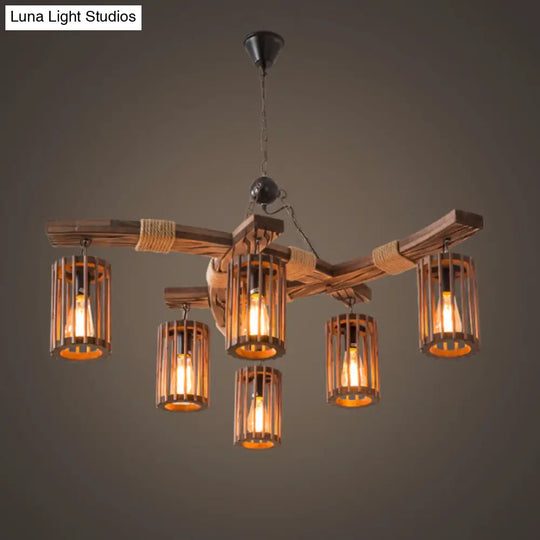 Lodge 6-Bulb Wood Caged Hanging Chandelier - Dining Room Pendant Light With Rope Detail In