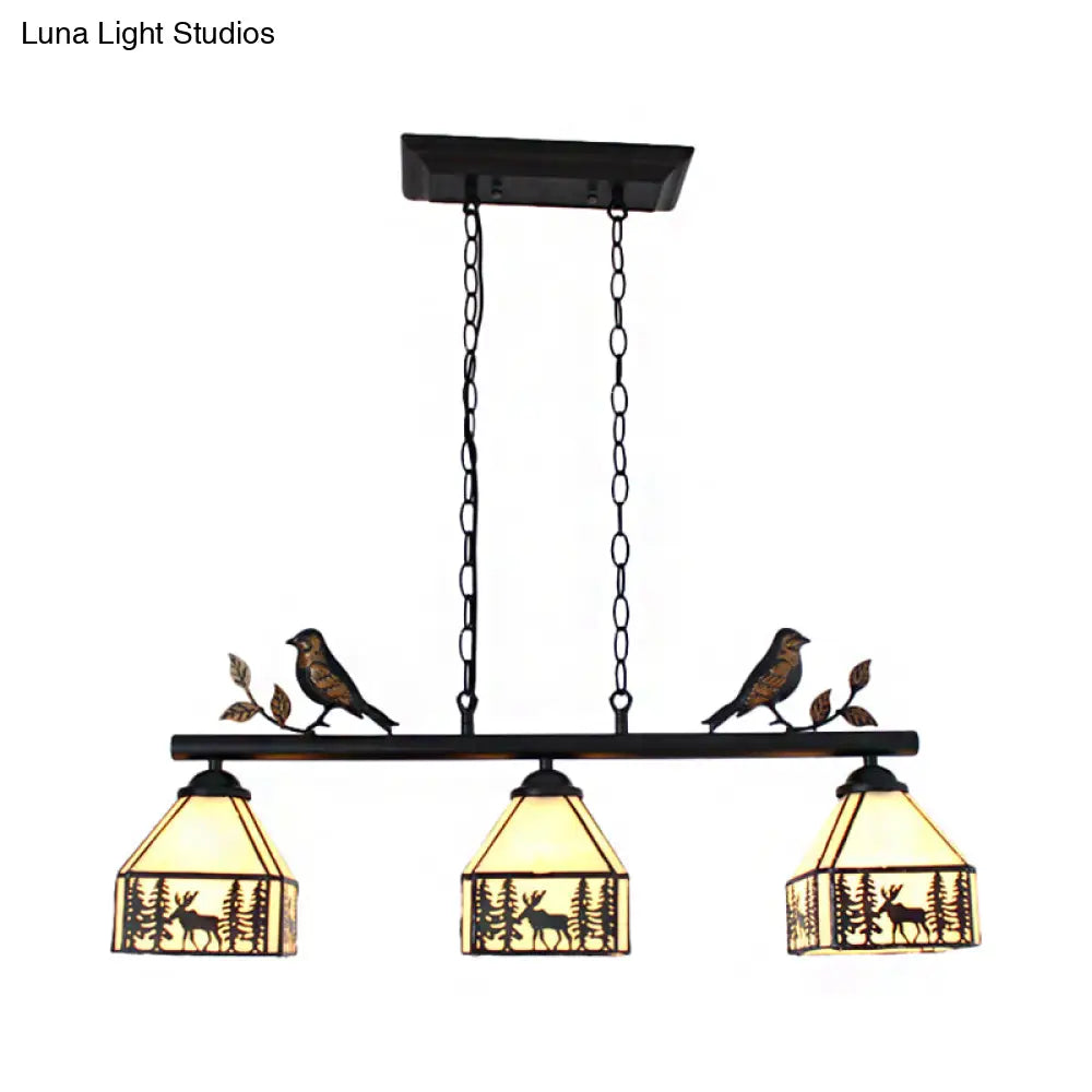 Rustic Lodge Deer Island Pendant Light With Bird Decoration - 3 Stained Glass Lights