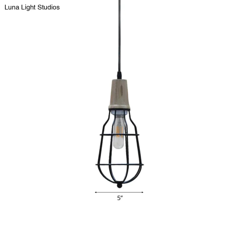 Rustic Lodge Black Metal Mini Caged Pendant Light With 1 Bulb - Coffee Shop Lighting
