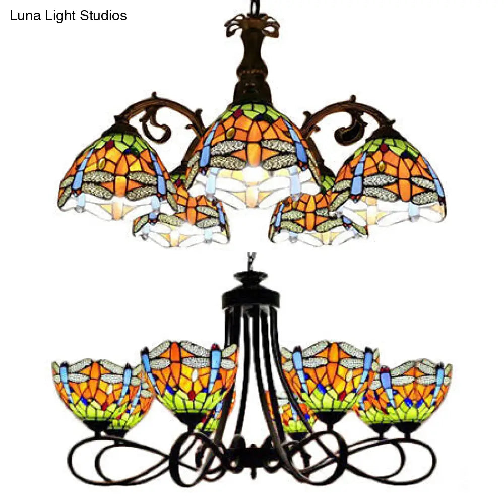 Dragonfly Stained Glass Chandelier - Rustic Lodge Suspension Light For Stairway (5 Or 8 Lights)