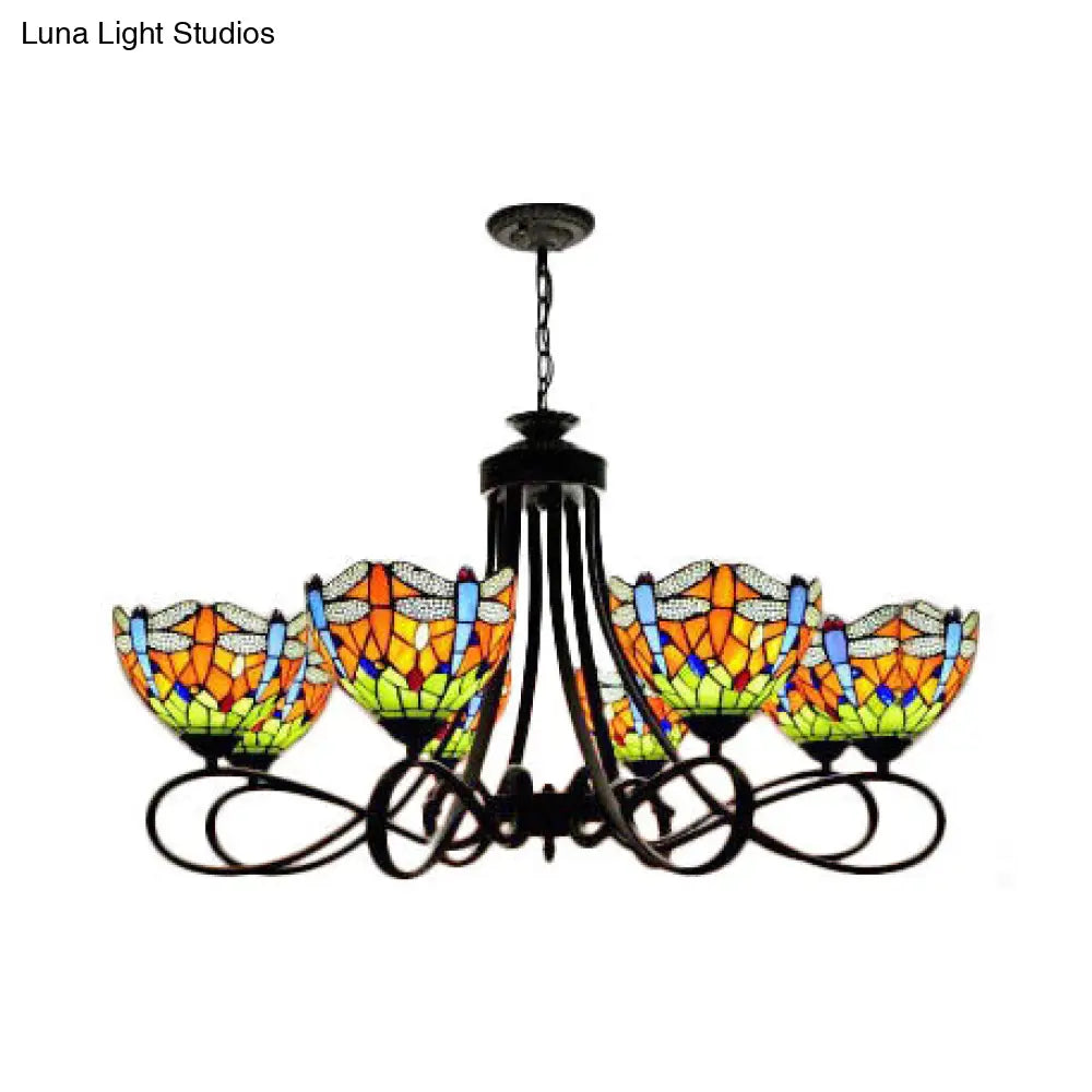 Dragonfly Stained Glass Chandelier - Rustic Lodge Suspension Light For Stairway (5 Or 8 Lights) /