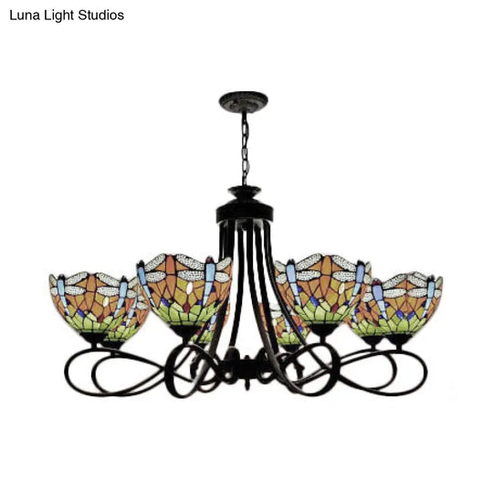 Rustic Lodge Stained Glass Dragonfly Chandelier With 5/8 Suspension Lights: Perfect For Stairways