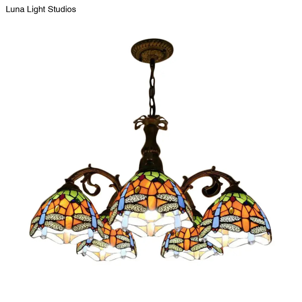 Dragonfly Stained Glass Chandelier - Rustic Lodge Suspension Light For Stairway (5 Or 8 Lights) 5 /