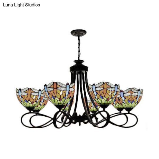 Dragonfly Stained Glass Chandelier - Rustic Lodge Suspension Light For Stairway (5 Or 8 Lights)