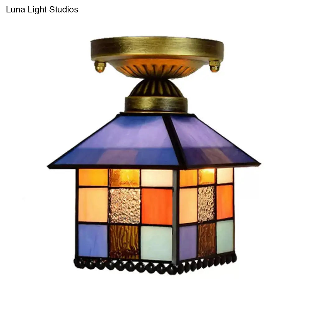 Rustic Lodge Stained Glass Flush Mount Lamp - 1-Head House Lighting In Black/Blue/Brass