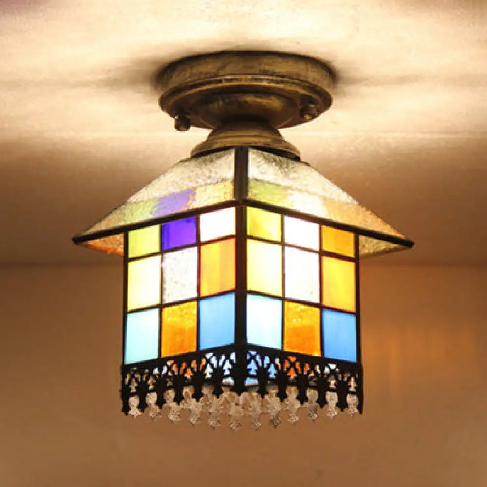 Rustic Lodge Stained Glass Flush Mount Lamp - 1-Head House Lighting In Black/Blue/Brass Clear