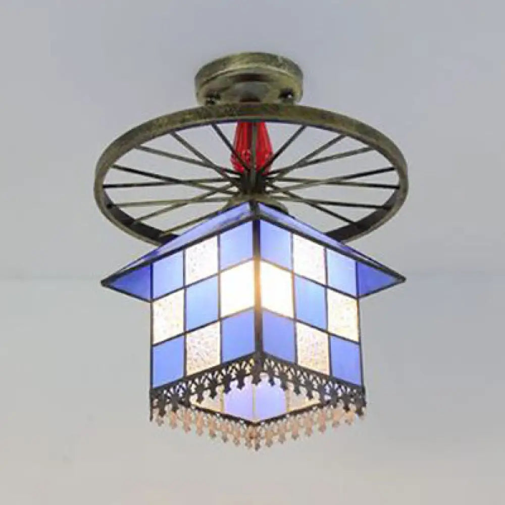 Rustic Lodge Stained Glass House Semi Flush Light With Antique Bronze/Clear/Blue Accents Blue