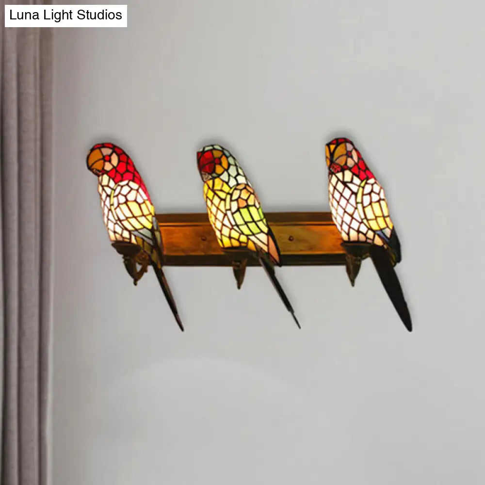 Rustic Lodge Stained Glass Parrot Wall Sconce - 3-Light Lighting For Living Room