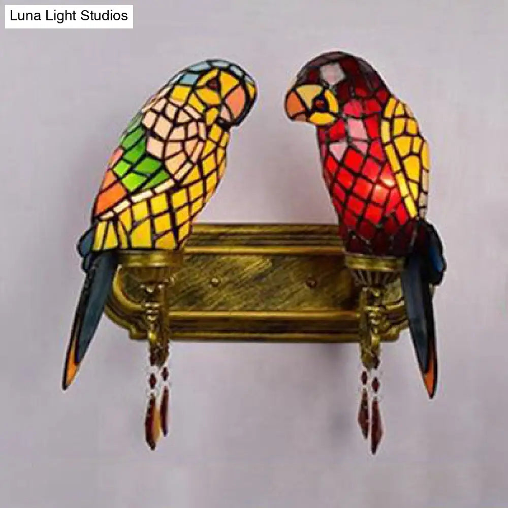 Rustic Lodge Stained Glass Parrots Double Wall Sconce - Indoor Corridor Lighting