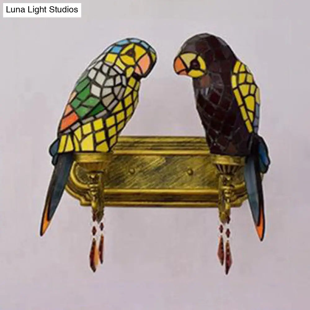 Rustic Lodge Stained Glass Parrots Double Wall Sconce - Indoor Corridor Lighting