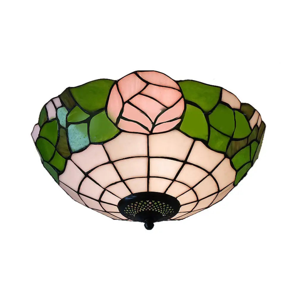 Rustic Lodge Stained Glass Rose Flush Ceiling Light - 2-Light Mount For Bedroom Pink-Green