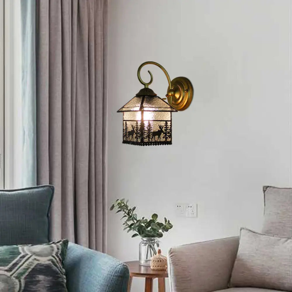 Rustic Lodge Wall Light With Deer 1-Bulb Clear Glass Sconce In Brass - Perfect For Dining Room