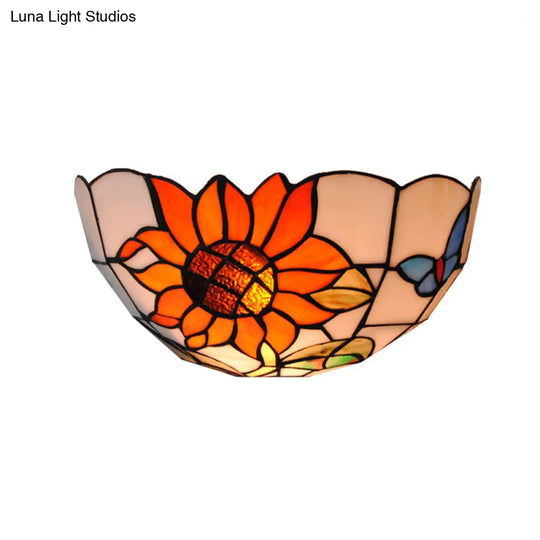 Rustic Loft Art Glass Wall Sconce With Sunflower And Butterfly Pattern - Bedroom Lighting