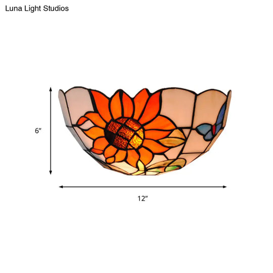 Rustic Loft Art Glass Wall Sconce With Sunflower And Butterfly Pattern - Bedroom Lighting