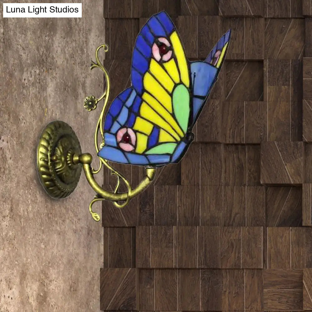 Rustic Loft Butterfly Stained Glass Wall Sconce In Blue/Orange - Mini & Stylish