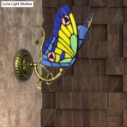 Rustic Loft Butterfly Stained Glass Wall Sconce In Blue/Orange - Mini & Stylish