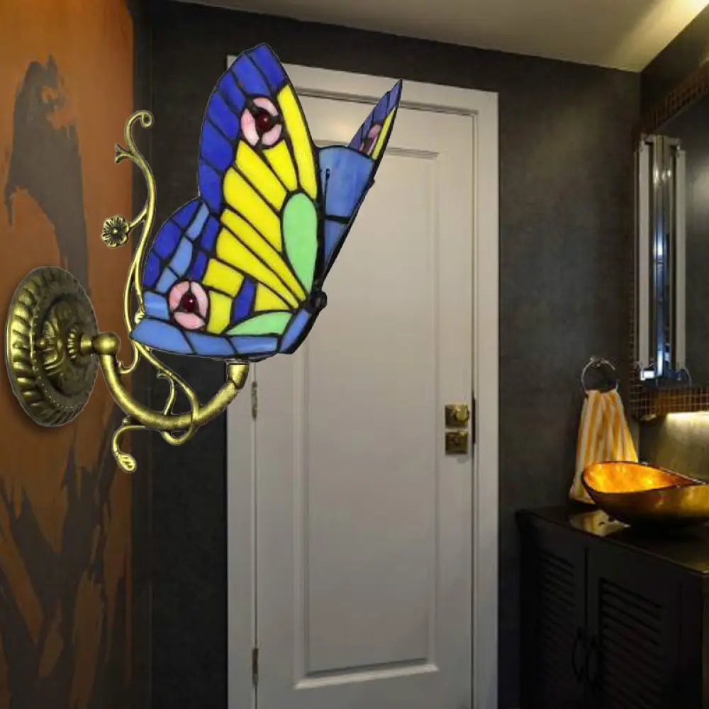 Rustic Loft Butterfly Stained Glass Wall Sconce In Blue/Orange - Mini & Stylish Blue