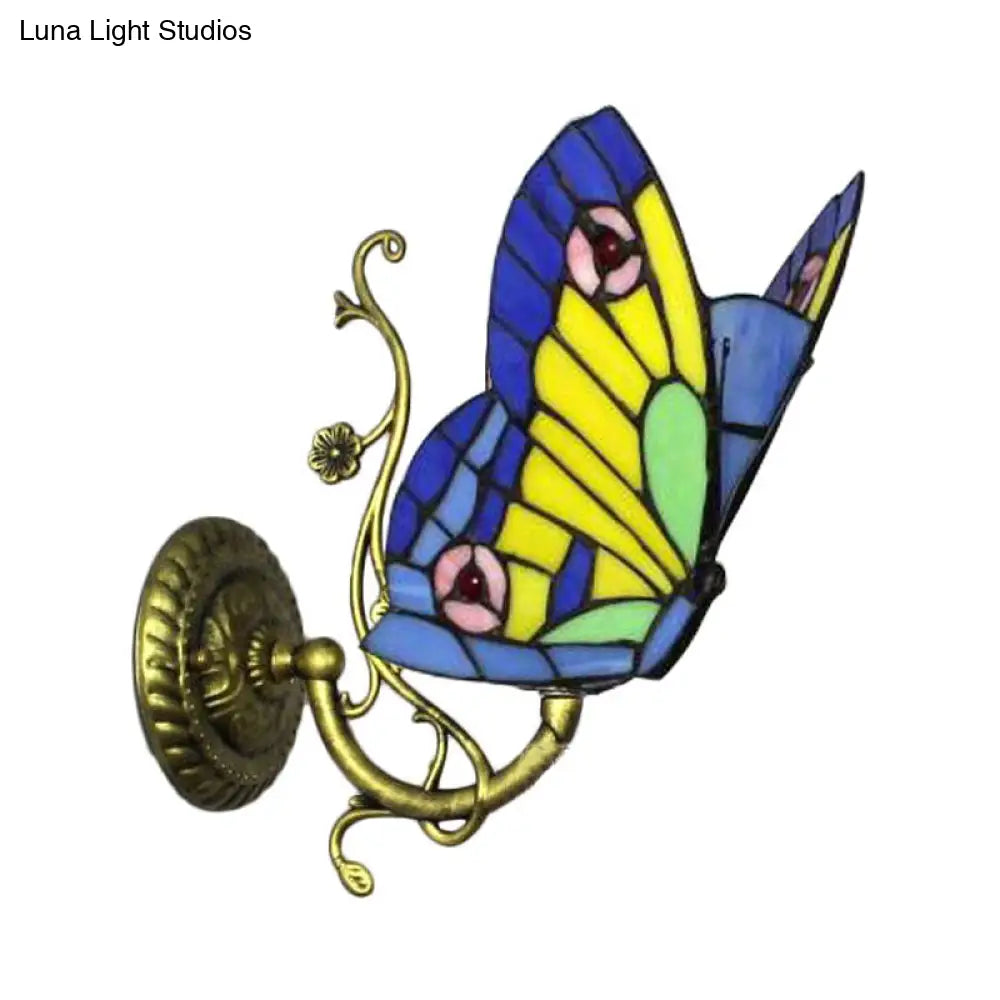 Rustic Loft Butterfly Stained Glass Wall Sconce In Blue/Orange - Mini & Stylish