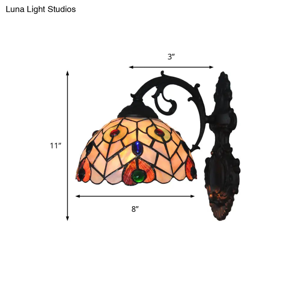 Rustic Loft Dome Wall Sconce Stained Glass - Curved Arm Mount Light For Dining Room