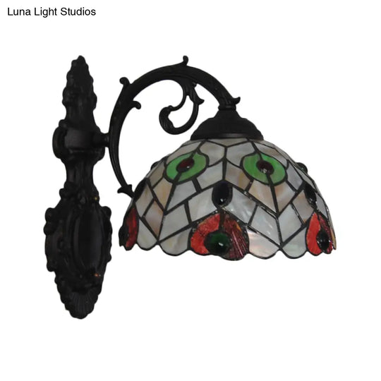 Rustic Loft Dome Wall Sconce Stained Glass - Curved Arm Mount Light For Dining Room