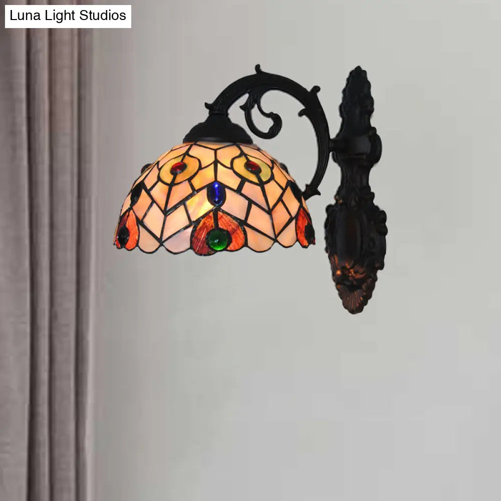 Rustic Loft Dome Wall Sconce Stained Glass - Curved Arm Mount Light For Dining Room