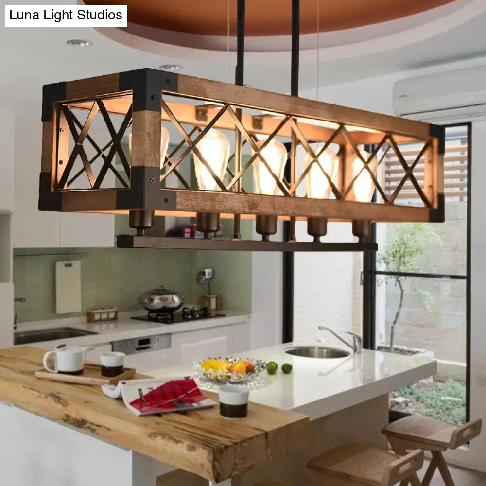 Rustic Loft Pendant Light With Metal And Wood Shades - 5 Bulb Rectangle Design