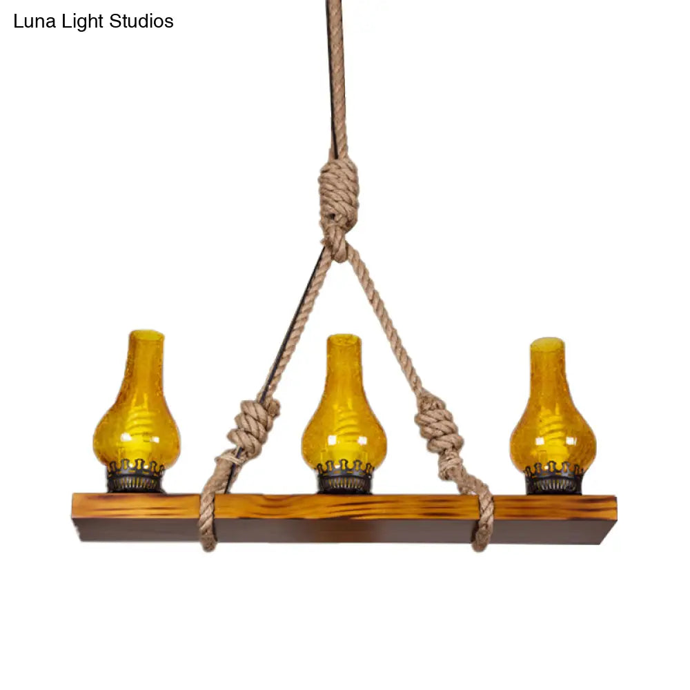 Rustic Loft Pendant Light With Yellow Cracked Glass Shade - Wooden Linear Island Lamp 3 Lights For