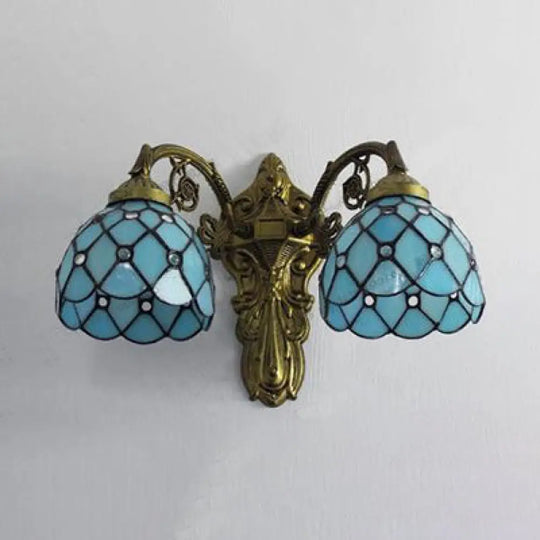 Rustic Loft Sconce Lamp: Bead Wall Lighting With Stained Glass Shade Green/Blue Perfect For