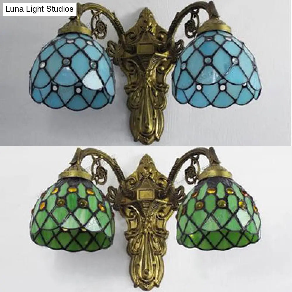 Rustic Loft Sconce Lamp: Bead Wall Lighting With Stained Glass Shade Green/Blue Perfect For