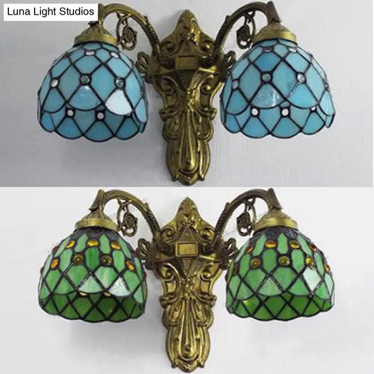 Rustic Loft Sconce Lamp: Bead Wall Lighting With Stained Glass Shade Green/Blue Perfect For