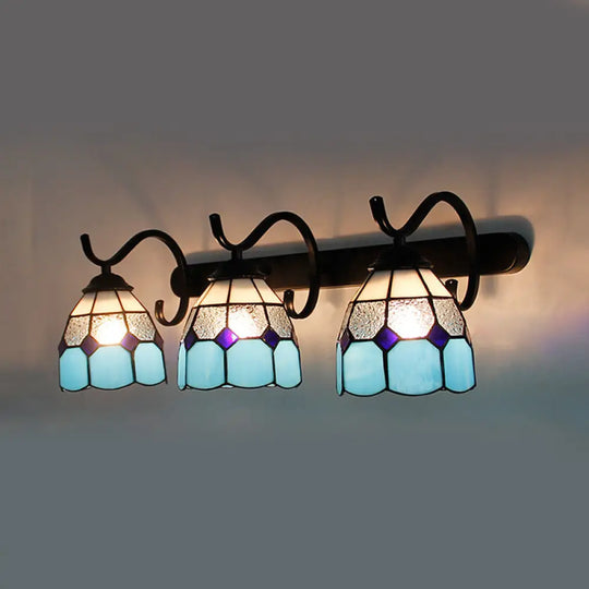 Rustic Loft Stained Glass Dome Sconce - 3-Light Wall Mount In Various Colors For Bathroom Light Blue