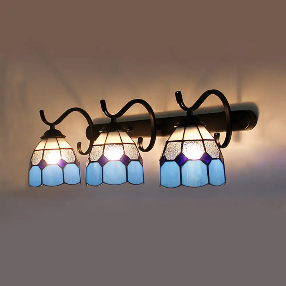 Rustic Loft Stained Glass Dome Sconce - 3-Light Wall Mount In Various Colors For Bathroom Royal Blue