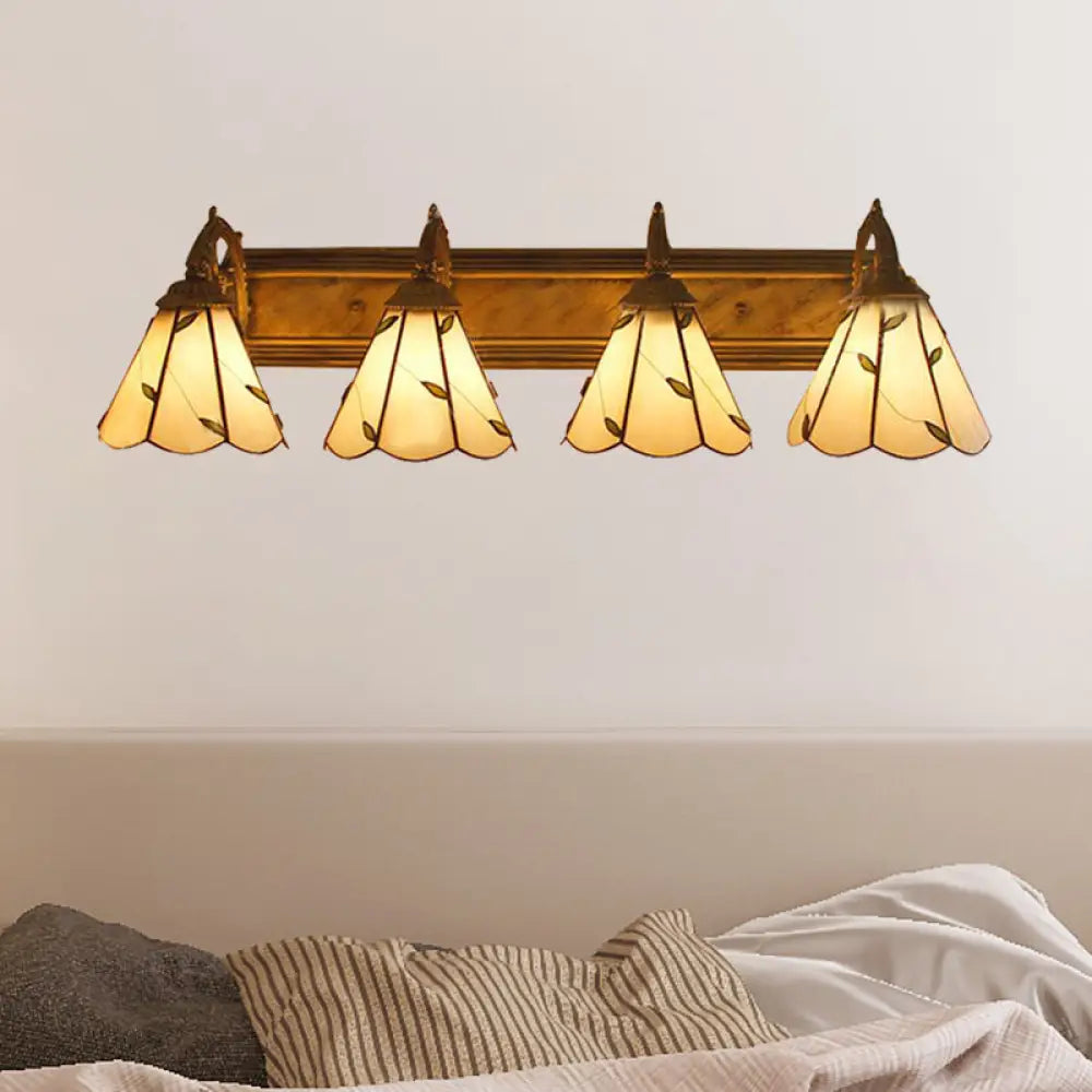 Rustic Loft Stained Glass Leaf Wall Sconce Light With 4 Lights - Beige Bathroom Vanity Lighting