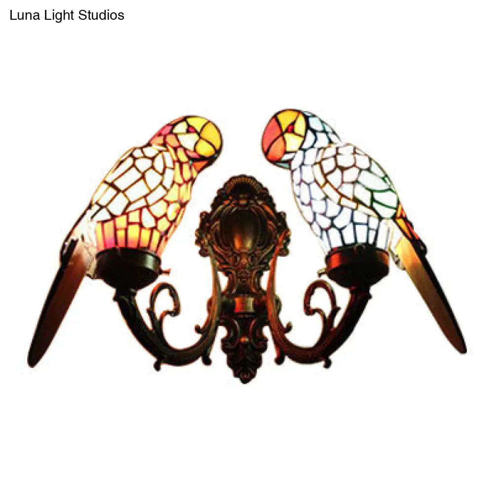 Rustic Loft Stained Glass Parrot Wall Sconce Light With 2 Heads - Brass/Bronze Finish For Foyer