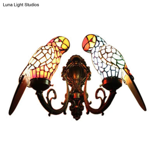 Rustic Loft Stained Glass Parrot Wall Sconce Light With 2 Heads - Brass/Bronze Finish For Foyer