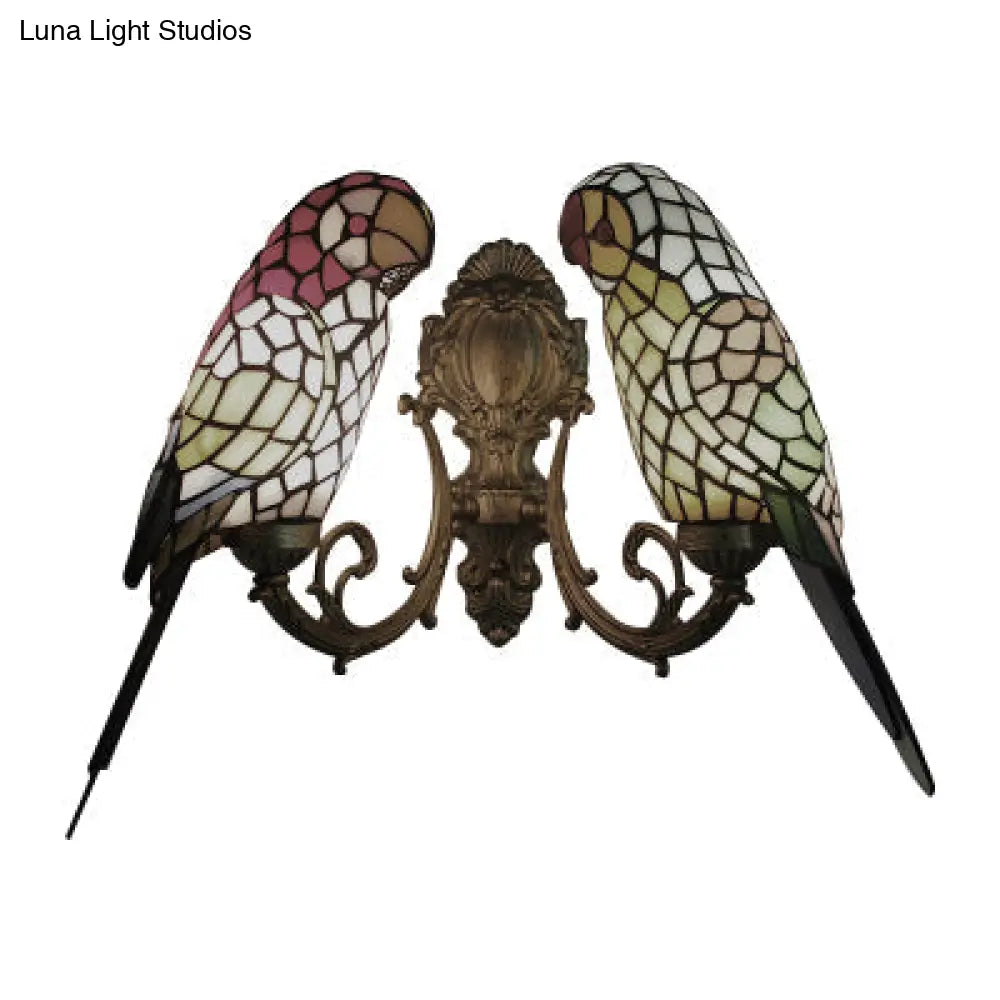 Rustic Loft Stained Glass Parrot Wall Sconce Light With 2 Heads - Brass/Bronze Finish For Foyer