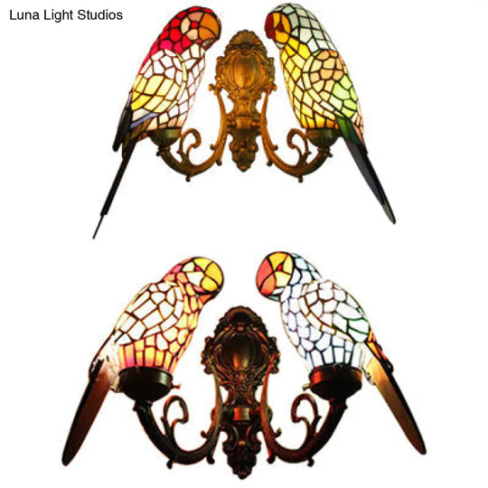 Rustic Loft Stained Glass Parrot Wall Sconce Light With 2 Heads - Brass/Bronze Finish For Foyer