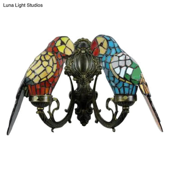 Rustic Loft Stained Glass Parrot Wall Sconce Light With 2 Heads - Brass/Bronze Finish For Foyer