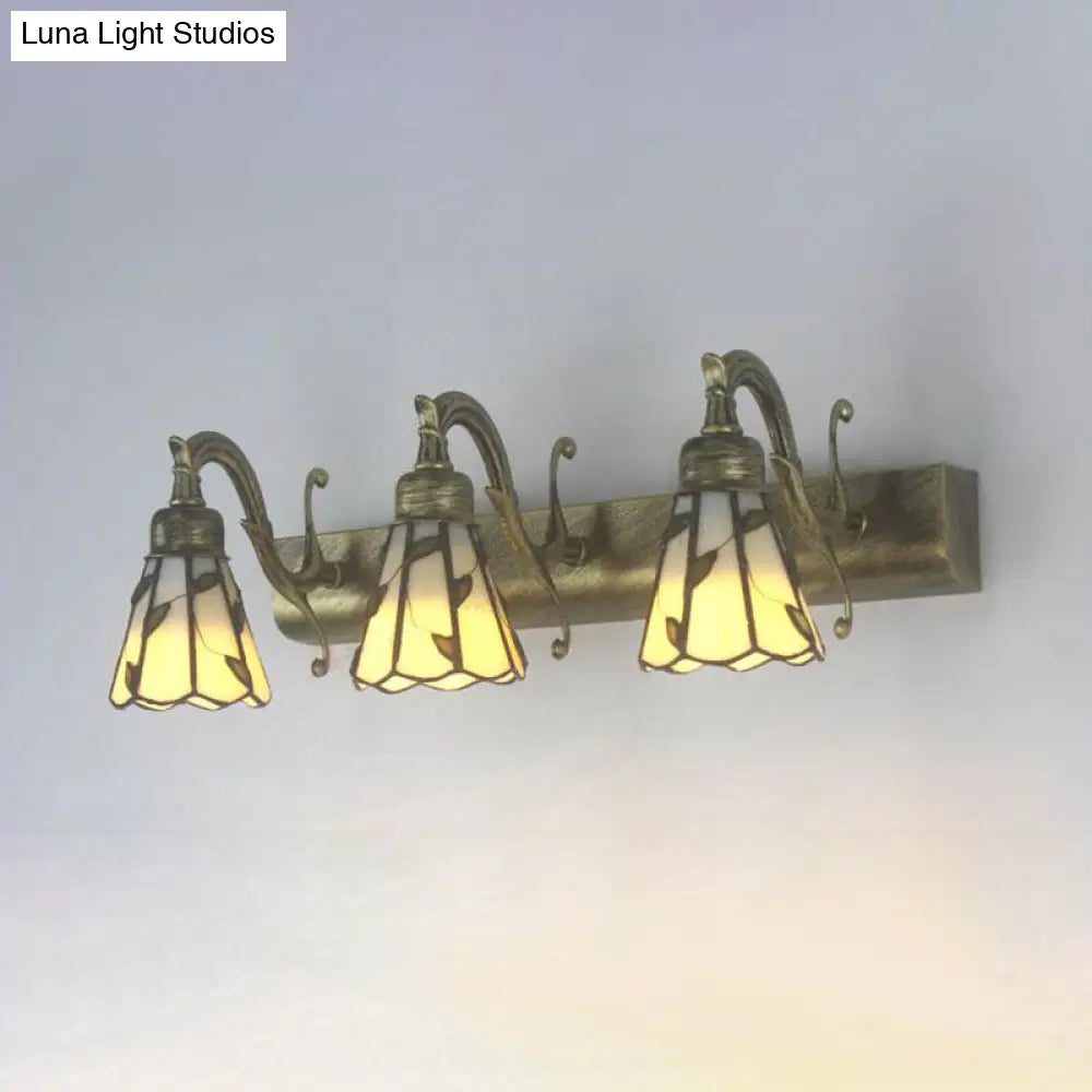 Rustic Loft Stained Glass Vanity Light With Linear Backplate And 3 Leaf-Shaped Heads In