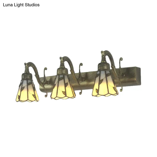 Rustic Loft Stained Glass Vanity Light With Linear Backplate And 3 Leaf-Shaped Heads In