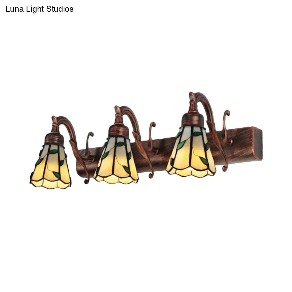 Rustic Loft Stained Glass Vanity Light With Linear Backplate And 3 Leaf-Shaped Heads In