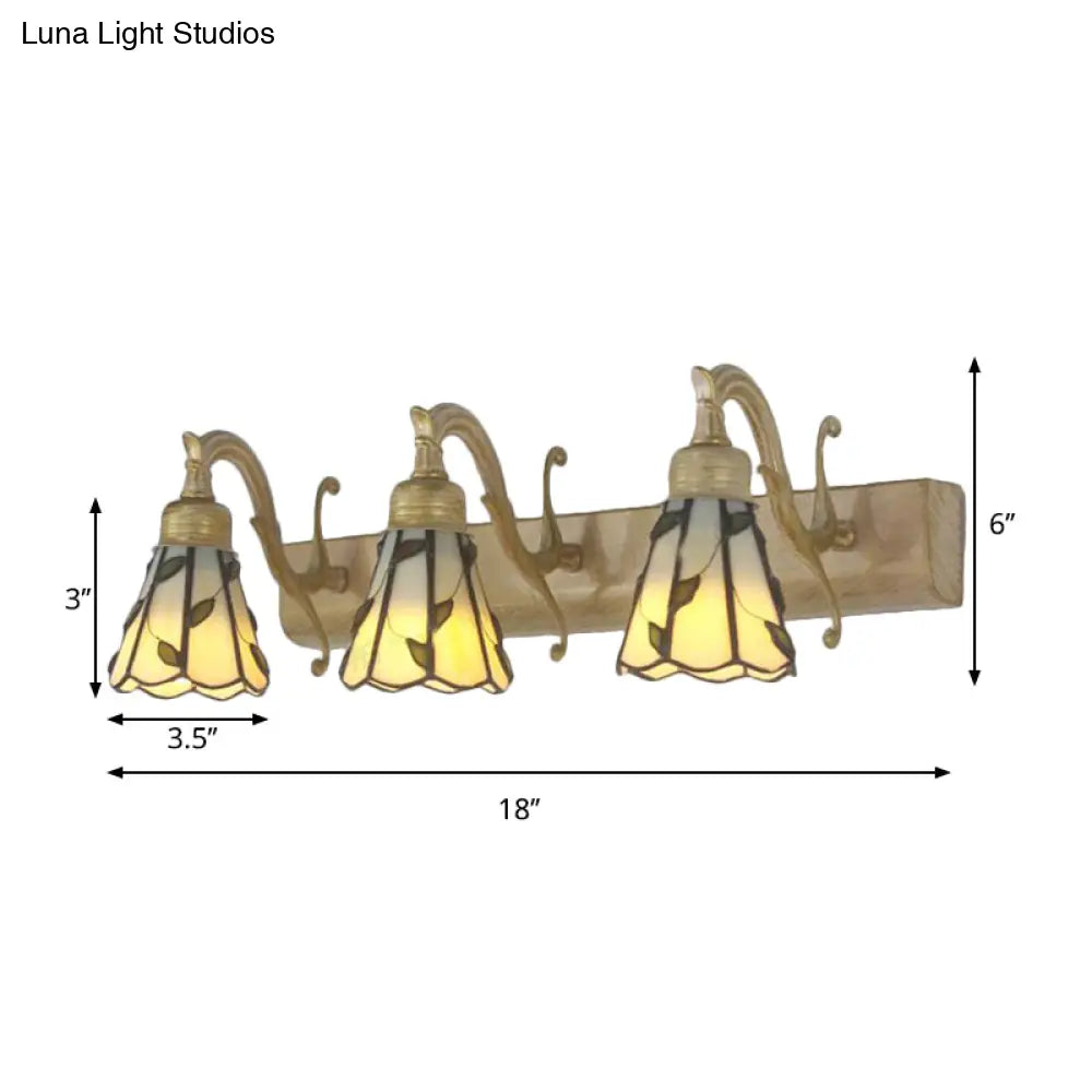 Rustic Loft Stained Glass Vanity Light With Linear Backplate And 3 Leaf-Shaped Heads In