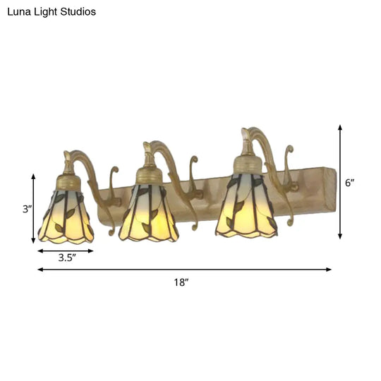 Rustic Loft Stained Glass Vanity Light With Linear Backplate And 3 Leaf-Shaped Heads In