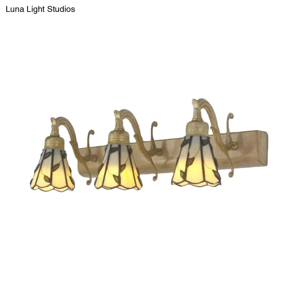 Rustic Loft Stained Glass Vanity Light With Linear Backplate And 3 Leaf-Shaped Heads In