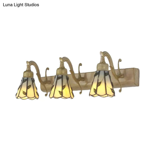 Rustic Loft Stained Glass Vanity Light With Linear Backplate And 3 Leaf-Shaped Heads In