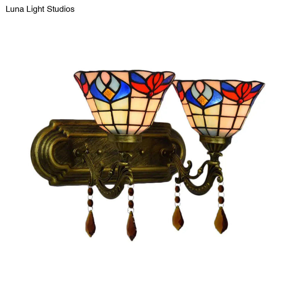 Rustic Loft Wall Sconce Lighting: Bowl Style With Crystal Decoration 2 Lights Stained Glass Lamp In