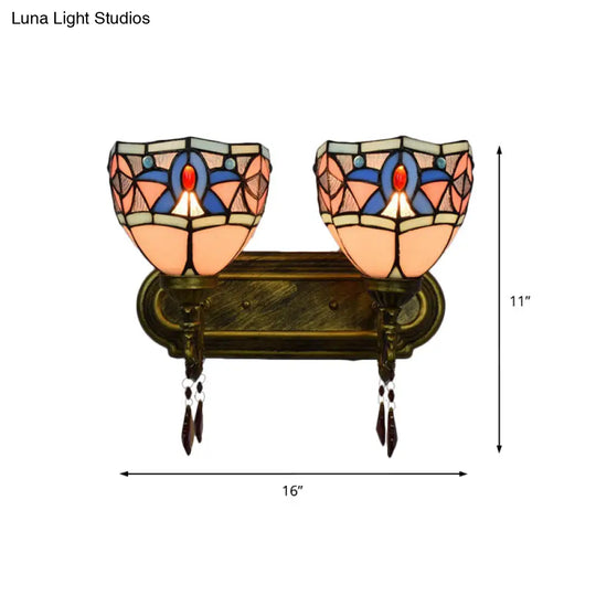 Rustic Loft Wall Sconce Lighting: Bowl Style With Crystal Decoration 2 Lights Stained Glass Lamp In