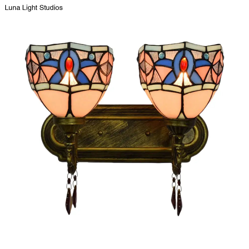 Rustic Loft Wall Sconce Lighting: Bowl Style With Crystal Decoration 2 Lights Stained Glass Lamp In