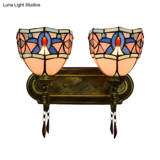 Rustic Loft Wall Sconce Lighting: Bowl Style With Crystal Decoration 2 Lights Stained Glass Lamp In