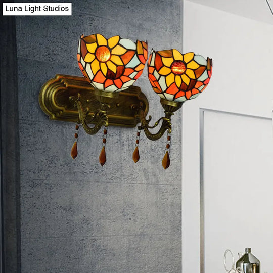 Rustic Loft Wall Sconce Lighting: Bowl Style With Crystal Decoration 2 Lights Stained Glass Lamp In